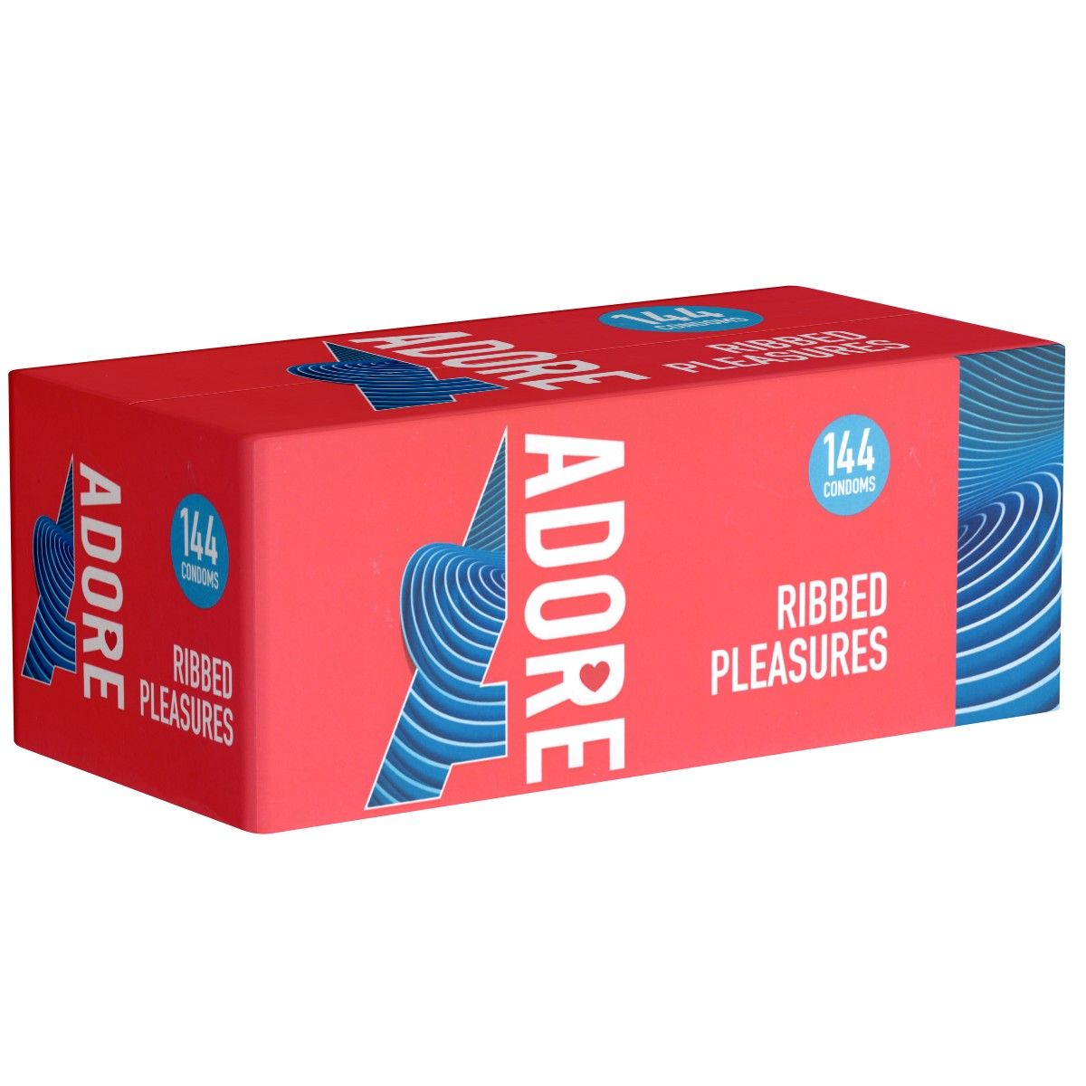 Rote Schachtel mit "ADORE" und "144 Kondome". Text: "RIBED PLEASURES". Blaue grafische Elemente.