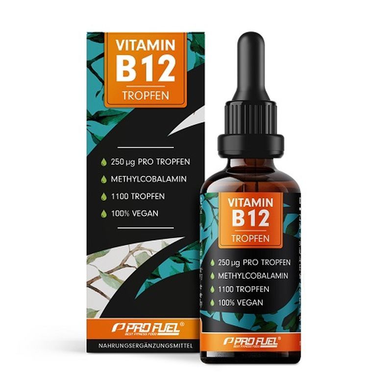 Braune Glasflasche mit schwarzem Deckel und Pipette. Aufschrift Vitamin B12 Tropfen. Verpackung mit Produktinformationen und Logo.