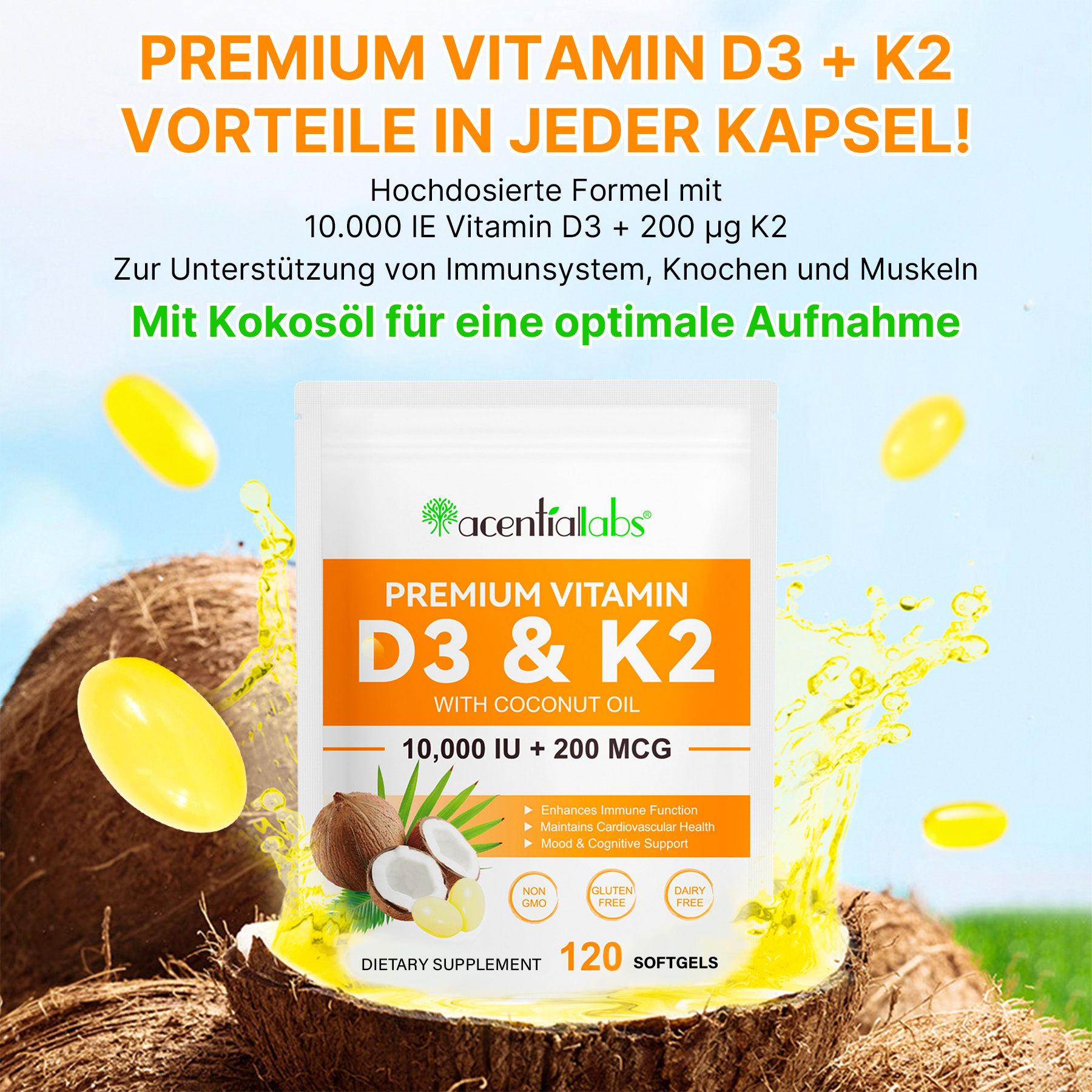 Acentiallabs Vitamin D3 + K2 Softgels mit Kokosöl, 120 Stück.
