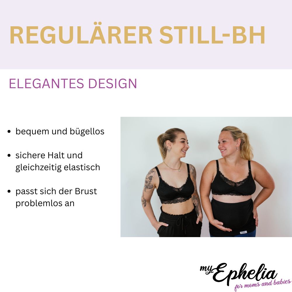 Zwei Frauen in schwarzen Still-BHs. Text: Regulärer Still-BH, elegantes Design. Bequem und bügellos, sicher und elastisch.