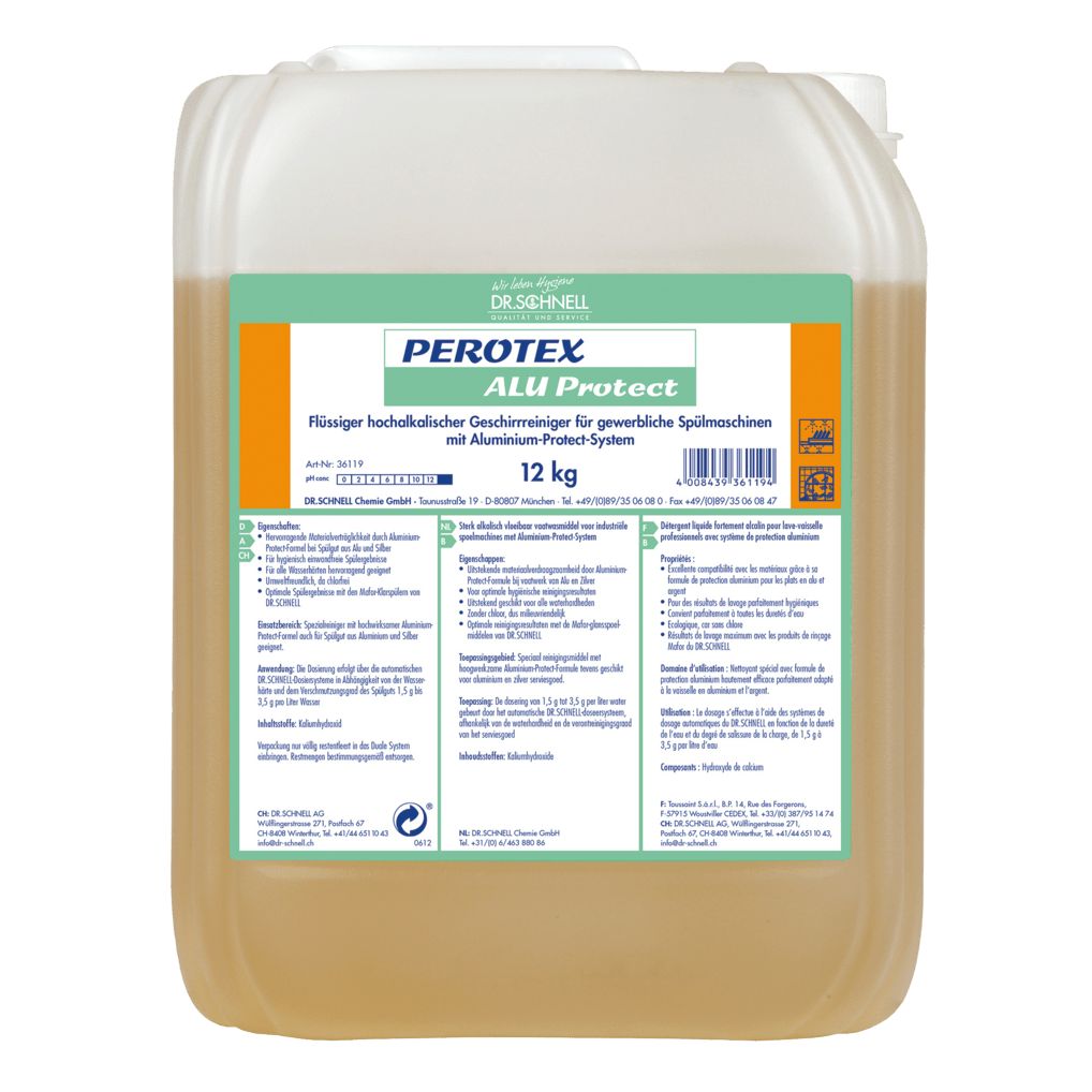Kanister mit Flüssigreiniger. Aufschrift: PEROTEX ALU Protect, 12 kg. Für gewerbliche Spülmaschinen.
