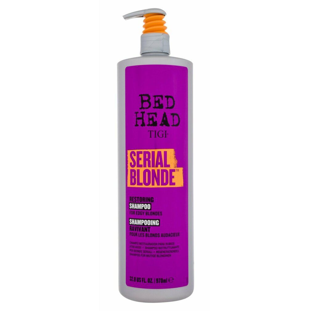 Flasche Tigi Bed Head Serial Blonde Shampoo. Lila Flasche mit gelbem Etikett. Pumpe mit orangefarbenem Kopf.