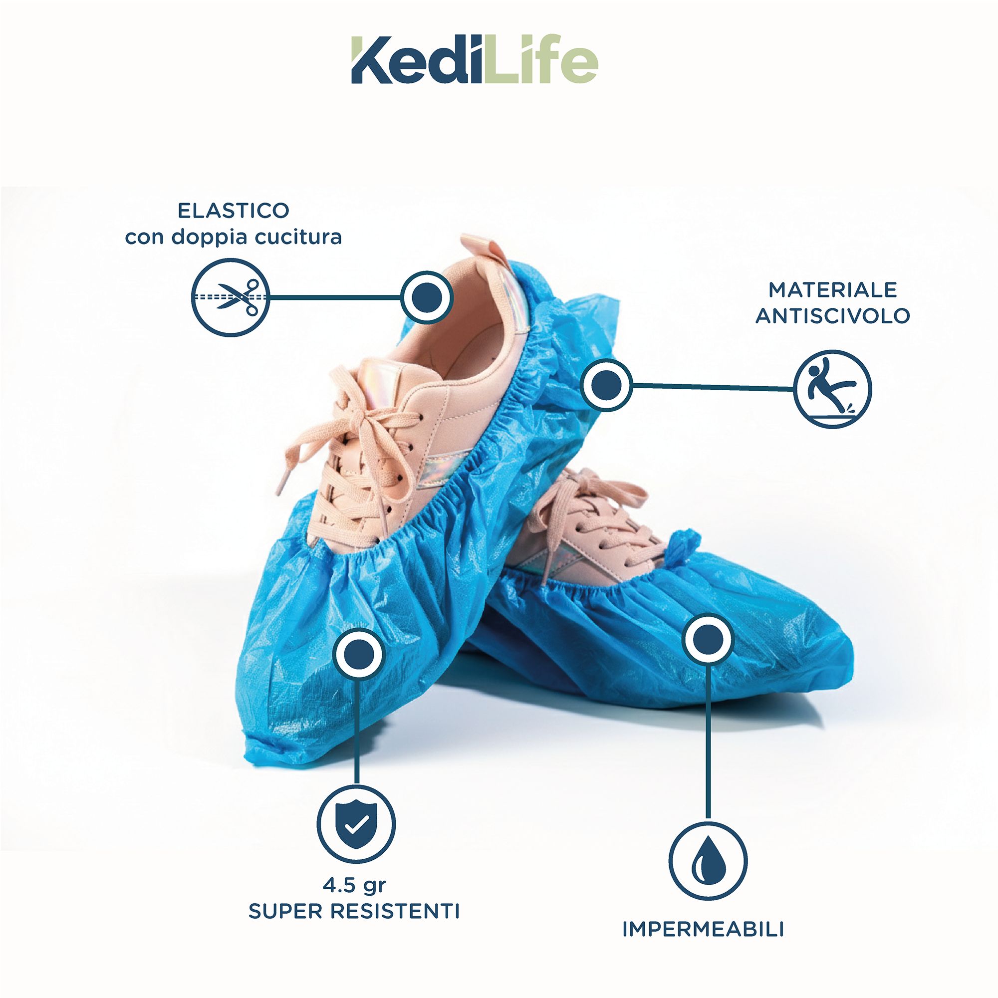 Blaue Überschuhe mit Text. Text: elastisch, doppelte Naht, rutschfest, 4,5 g super resistent, wasserdicht.