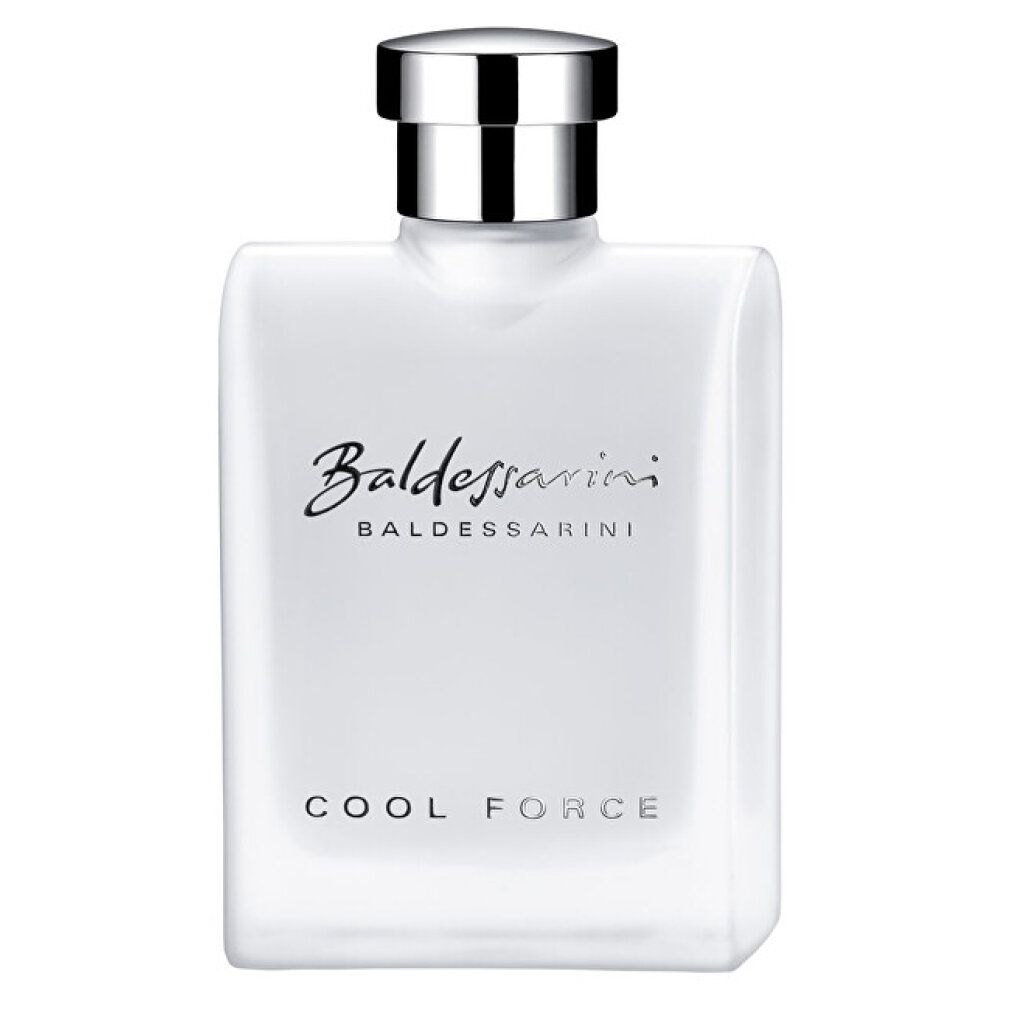 Baldessarini Cool Force After Shave Lotion in mattweißer Flasche mit silbernem Verschluss.