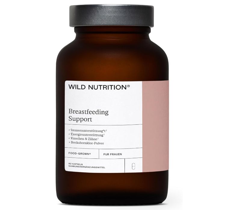 Braunglasflasche mit Etikett 'WILD NUTRITION Breastfeeding Support für Frauen'.