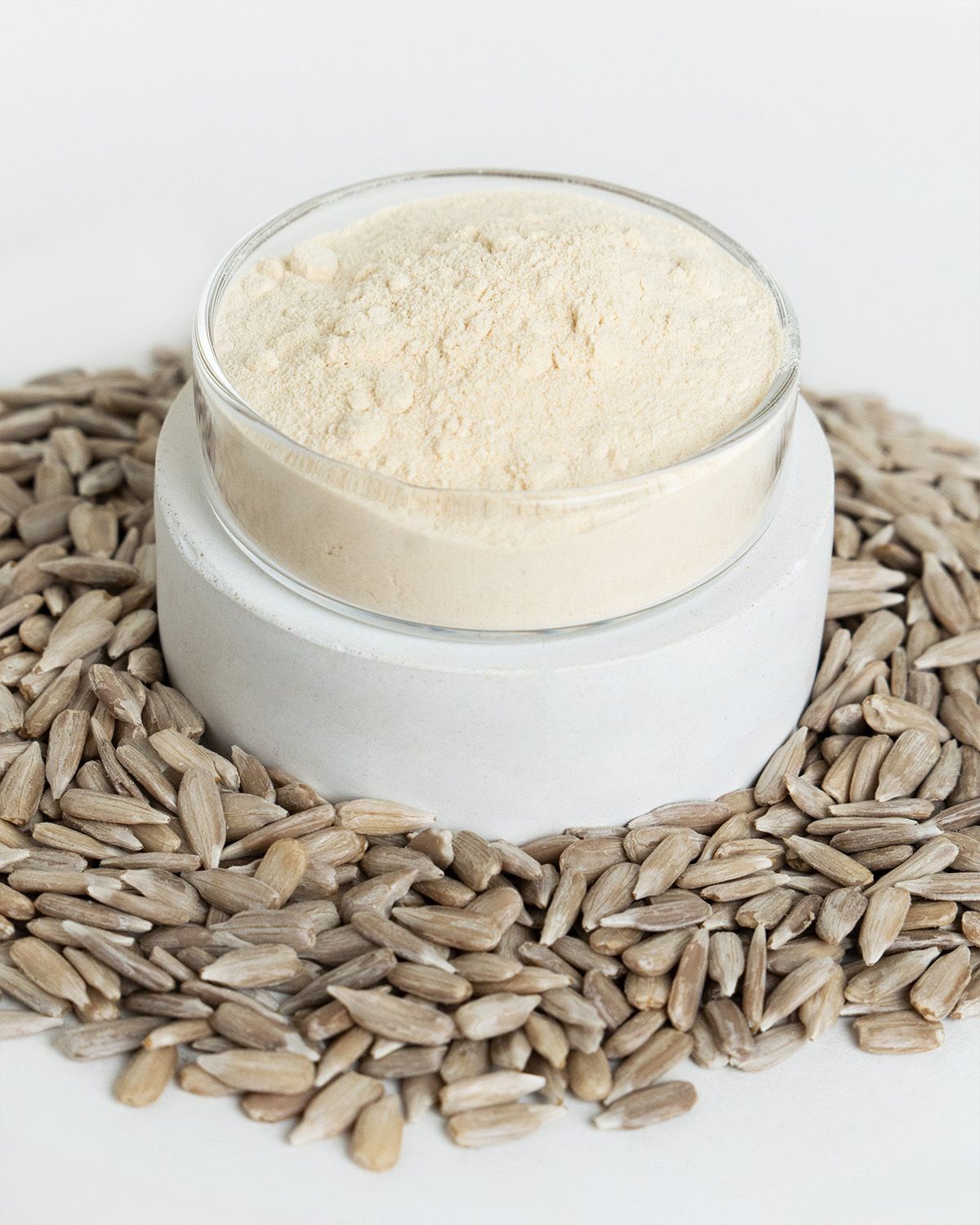 Sonnenblumenlecithin Pulver in einer Schale, umgeben von Sonnenblumenkernen. Auf einem weißen Sockel platziert.