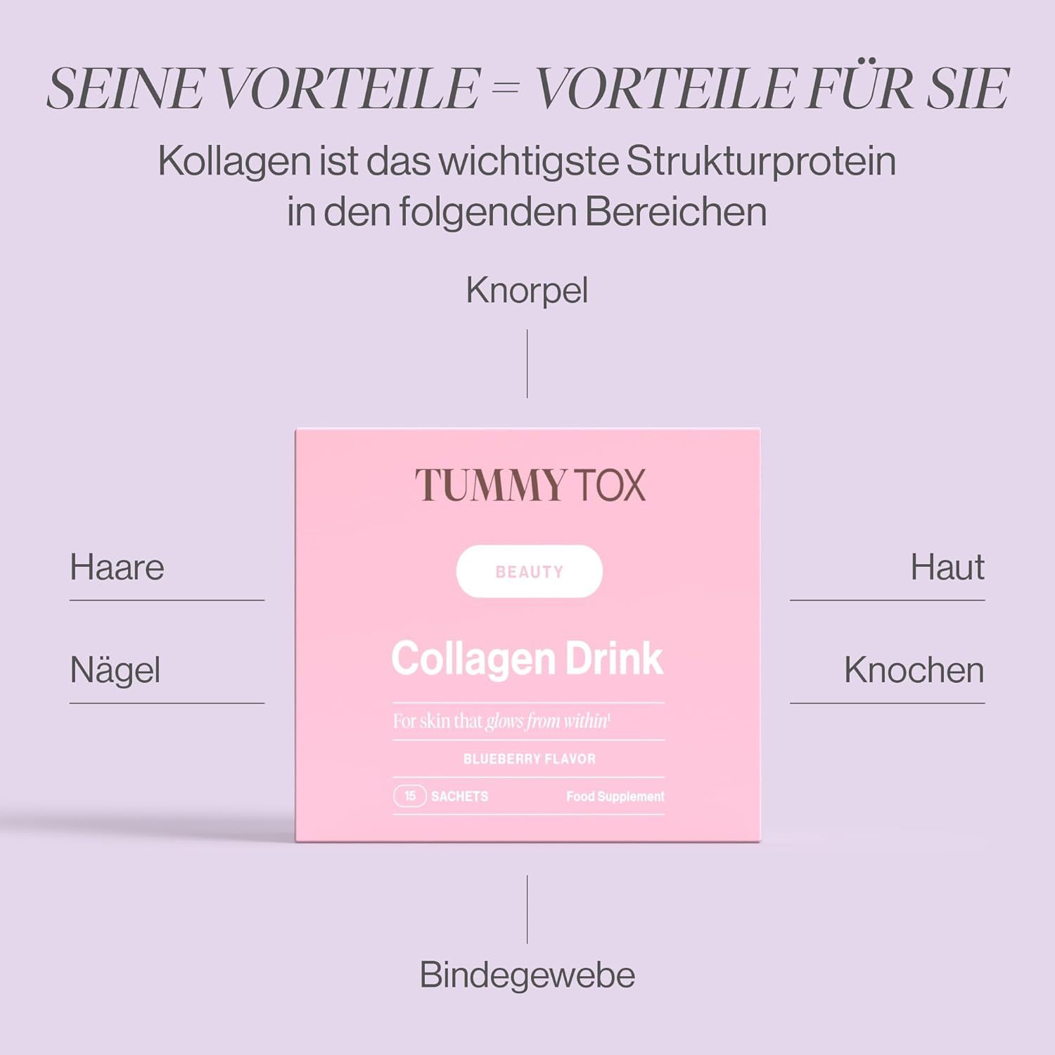 Rosa "Tummy Tox Collagen Drink" Packung. Text: "Haare, Nägel, Haut, Knochen, Bindegewebe". Diagramm mit Vorteilen des Kollagens.