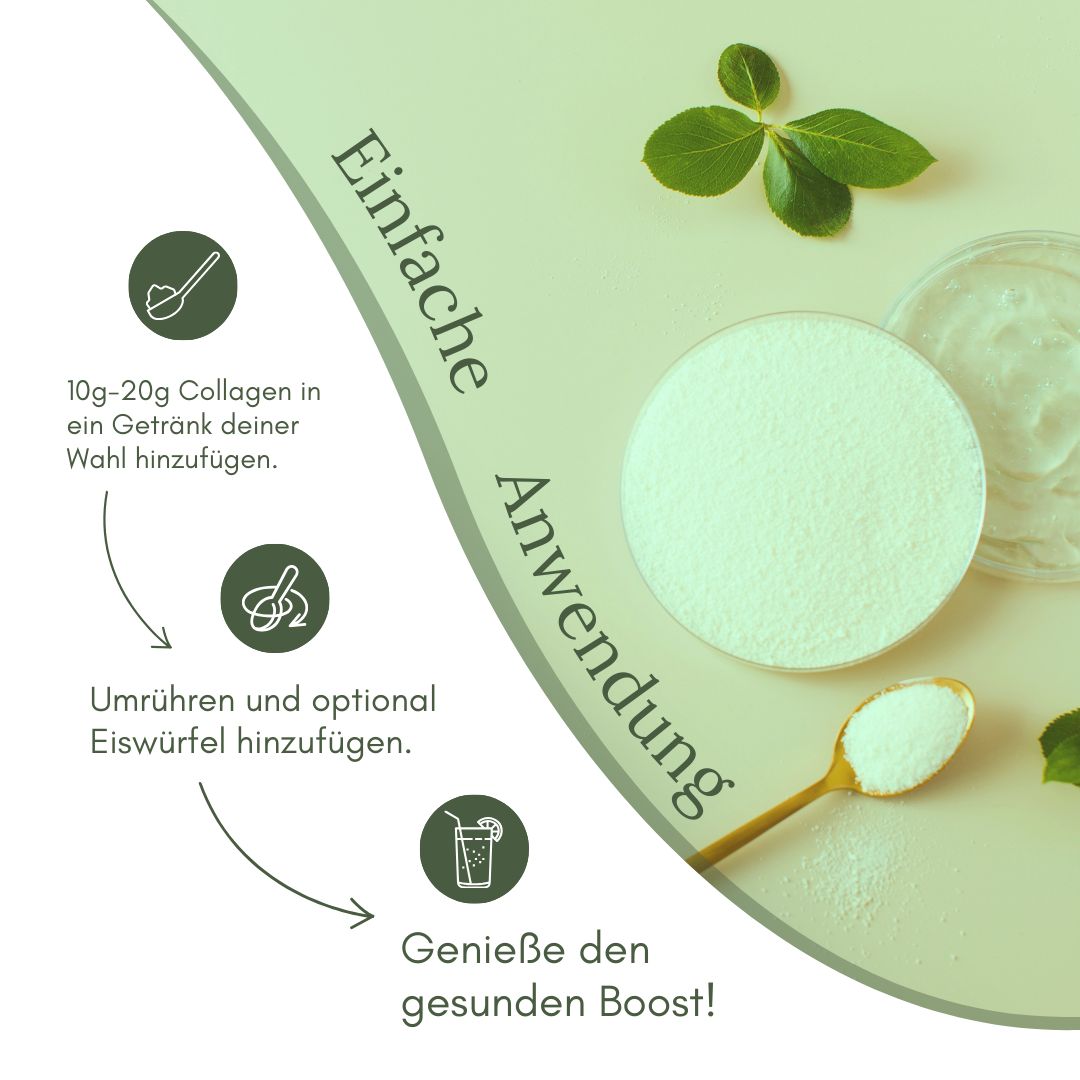 Anwendungshinweise: 10-20g Collagen in Getränk geben, umrühren, optional Eiswürfel hinzufügen. Produkt: marble© Collagen Pro.