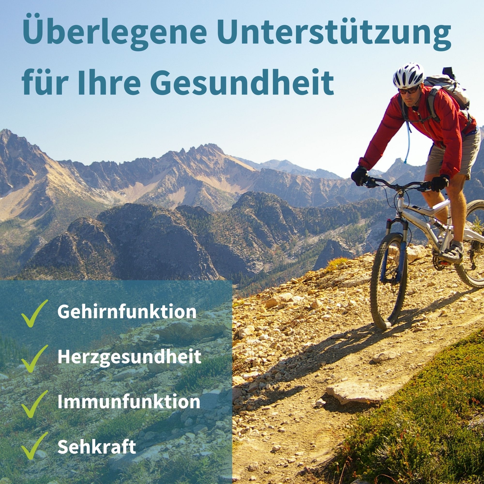 Mann auf dem Fahrrad in den Bergen. Text: Überlegene Unterstützung für Ihre Gesundheit. Gehirnfunktion, Herzgesundheit, Immunfunktion, Sehkraft.