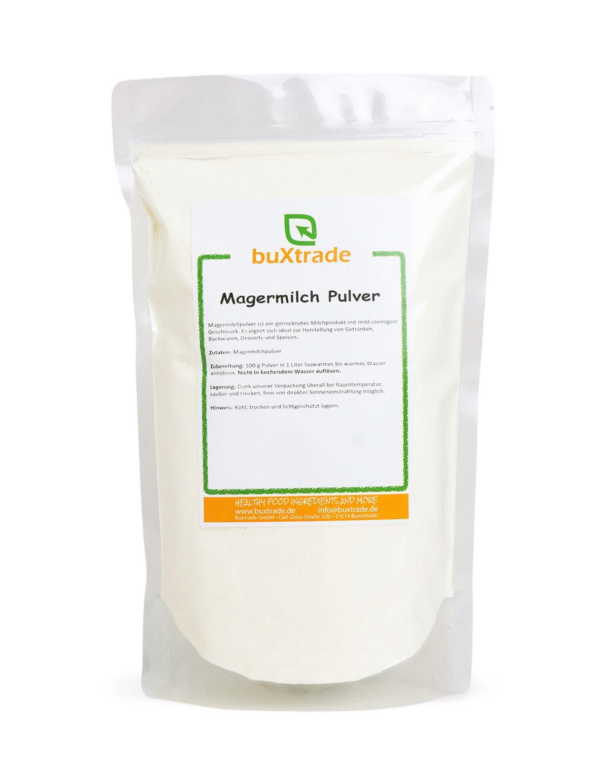 Buxtrade Magermilchpulver in weißer Standbodenbeutel-Verpackung mit Etikett.