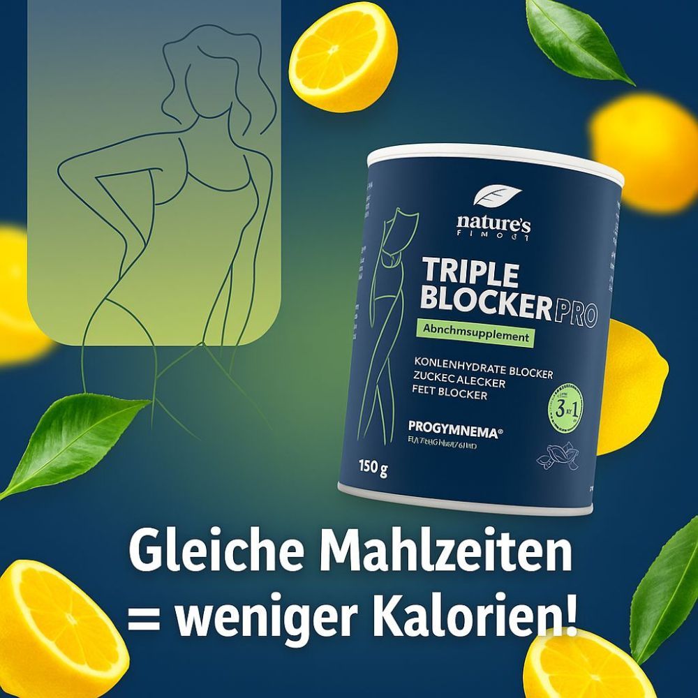 Dose Nature's Finest Triple Blocker Pro. Blaue Dose mit weißem Deckel. Text: Abnehm-Supplement. Zitronen und Blätter im Hintergrund.