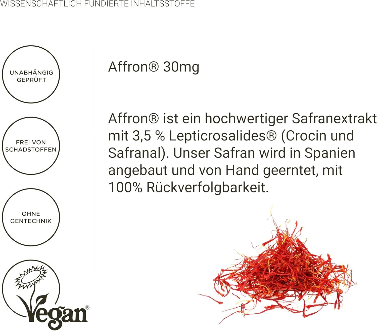 Haufen Safranfäden. Text: Affron 30mg. Text: Hochwertiger Safranextrakt mit 3,5% Lepticosalides. Vegan-Siegel.