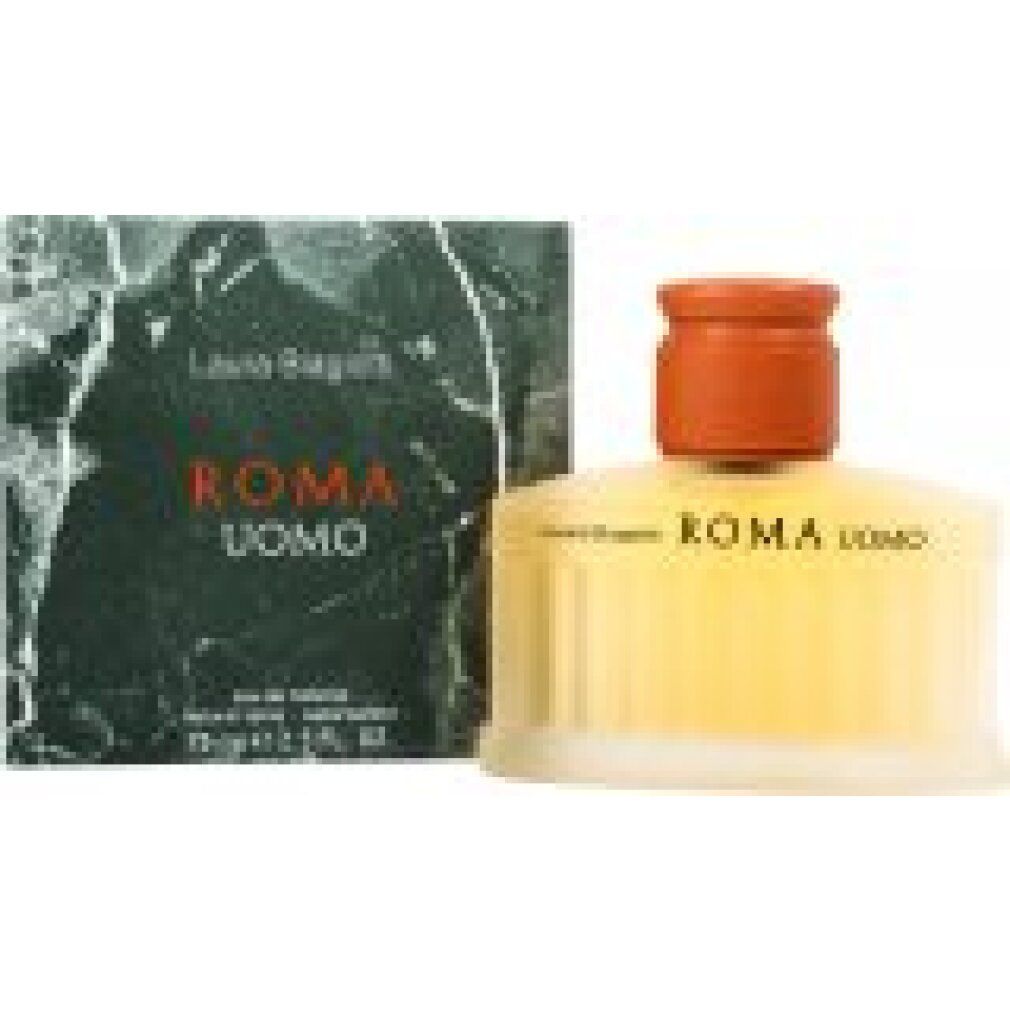 Flakon und Verpackung von Laura Biagiotti Roma Uomo. Flakon mit braunem Verschluss, grüne Verpackung mit Schriftzug.