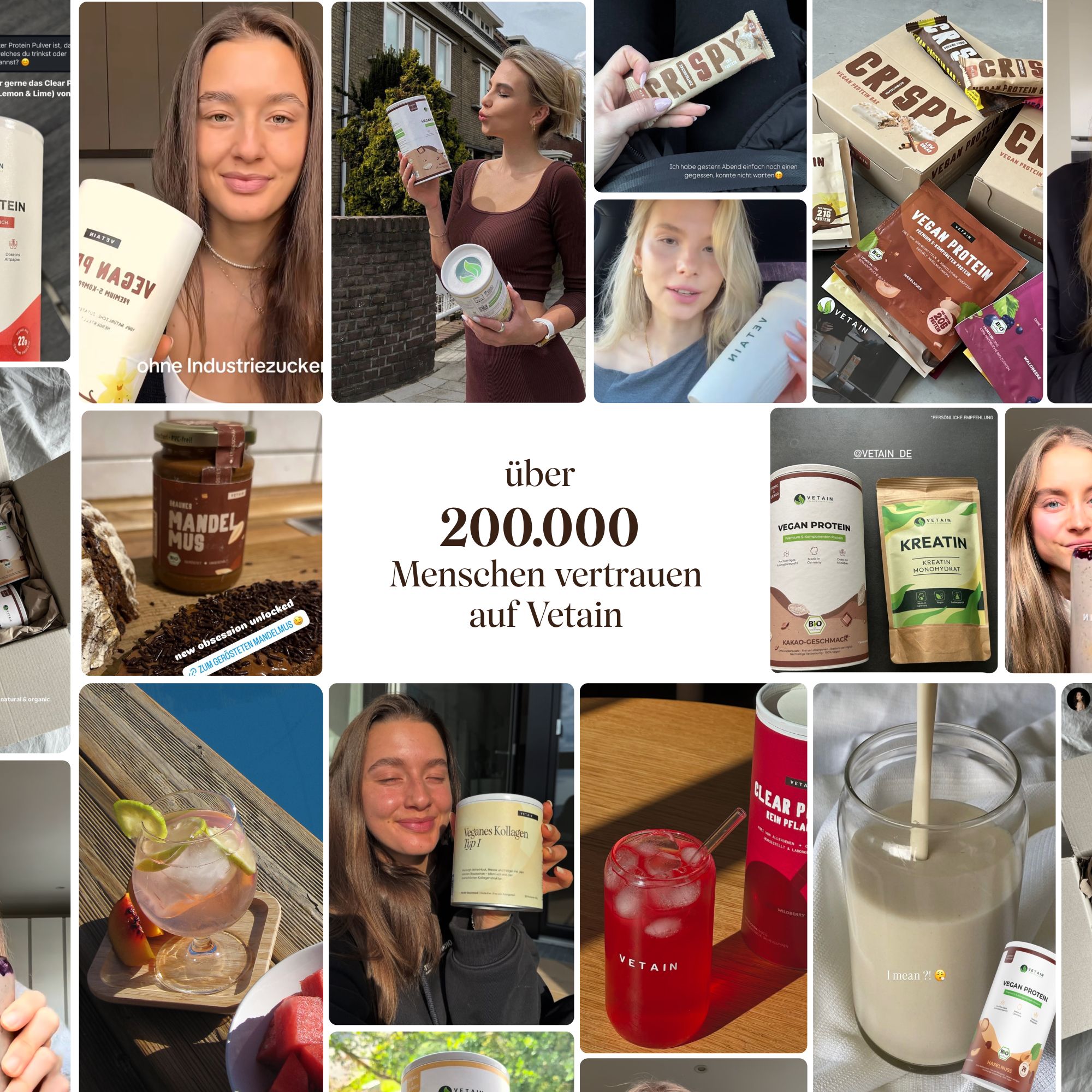 Collage aus Lifestyle-Bildern mit VETAIN Produkten und zufriedenen Kunden.