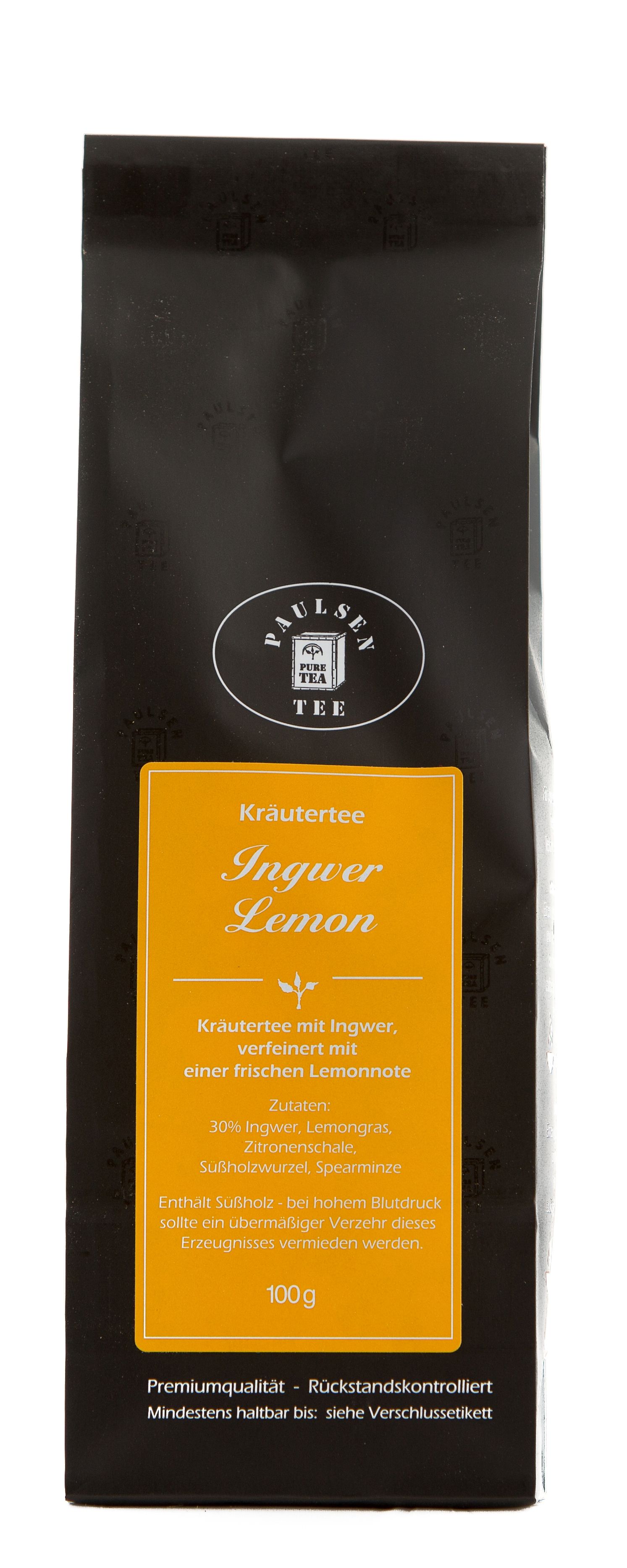 Schwarze Verpackung mit gelbem Etikett. Aufschrift: Ingwer Lemon Kräutertee. Logo: Paulsen Tee. 100g.