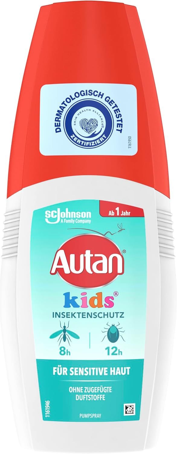 Autan Kids Pumpspray. Weißes Fläschchen mit roter Kappe. Aufschrift: Autan kids Insektenschutz, 8h/12h Schutz, für sensitive Haut. Dermatologisch getestet.