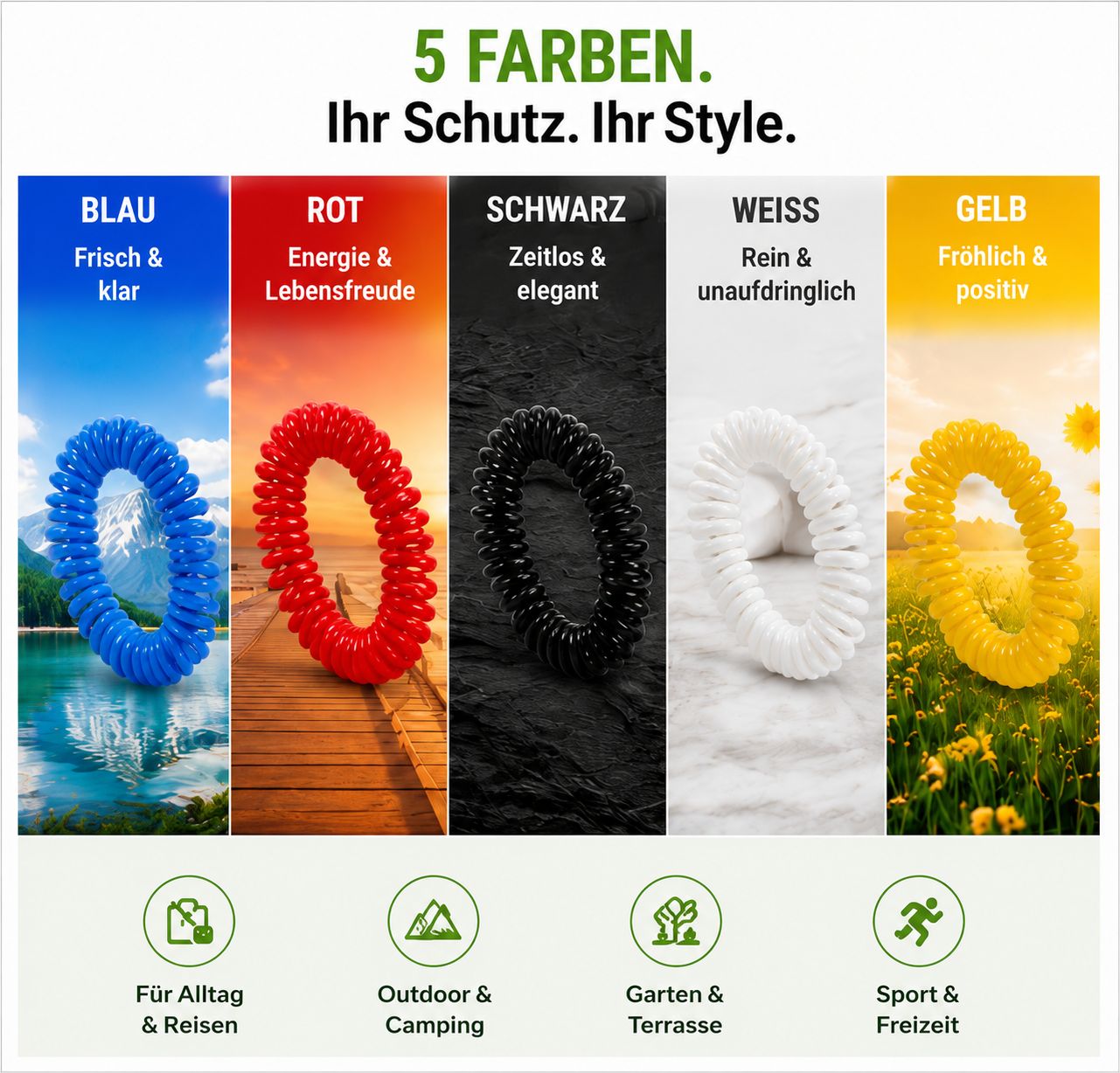 Fünf Spiralarmbänder in Blau, Rot, Schwarz, Weiß und Gelb, jeweils mit passender Naturkulisse.