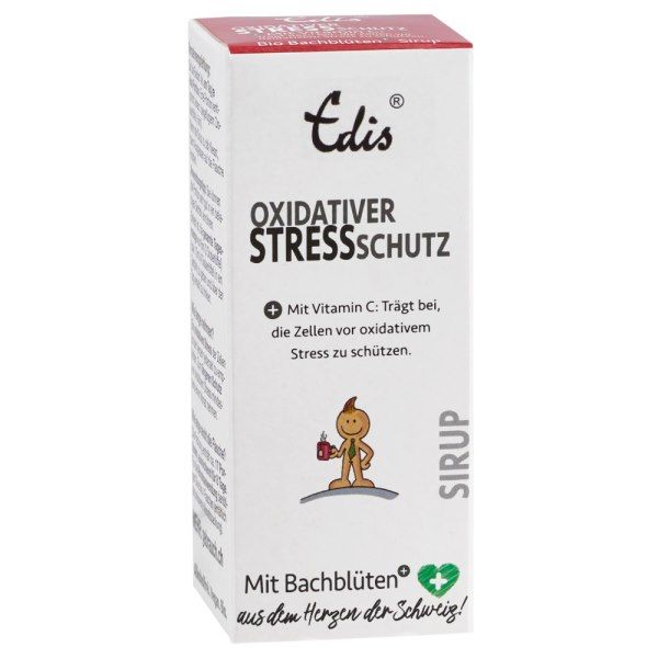 Weiße rechteckige Verpackung mit Produktnamen und Logo. Text: Oxidativer Stressschutz, Sirup. Mit Bachblüten.