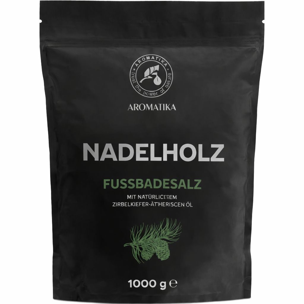 Schwarze Verpackung mit Produktnamen NADELHOLZ und AROMATIKA-Logo. Enthält Fußbadesalz. 1000 g.