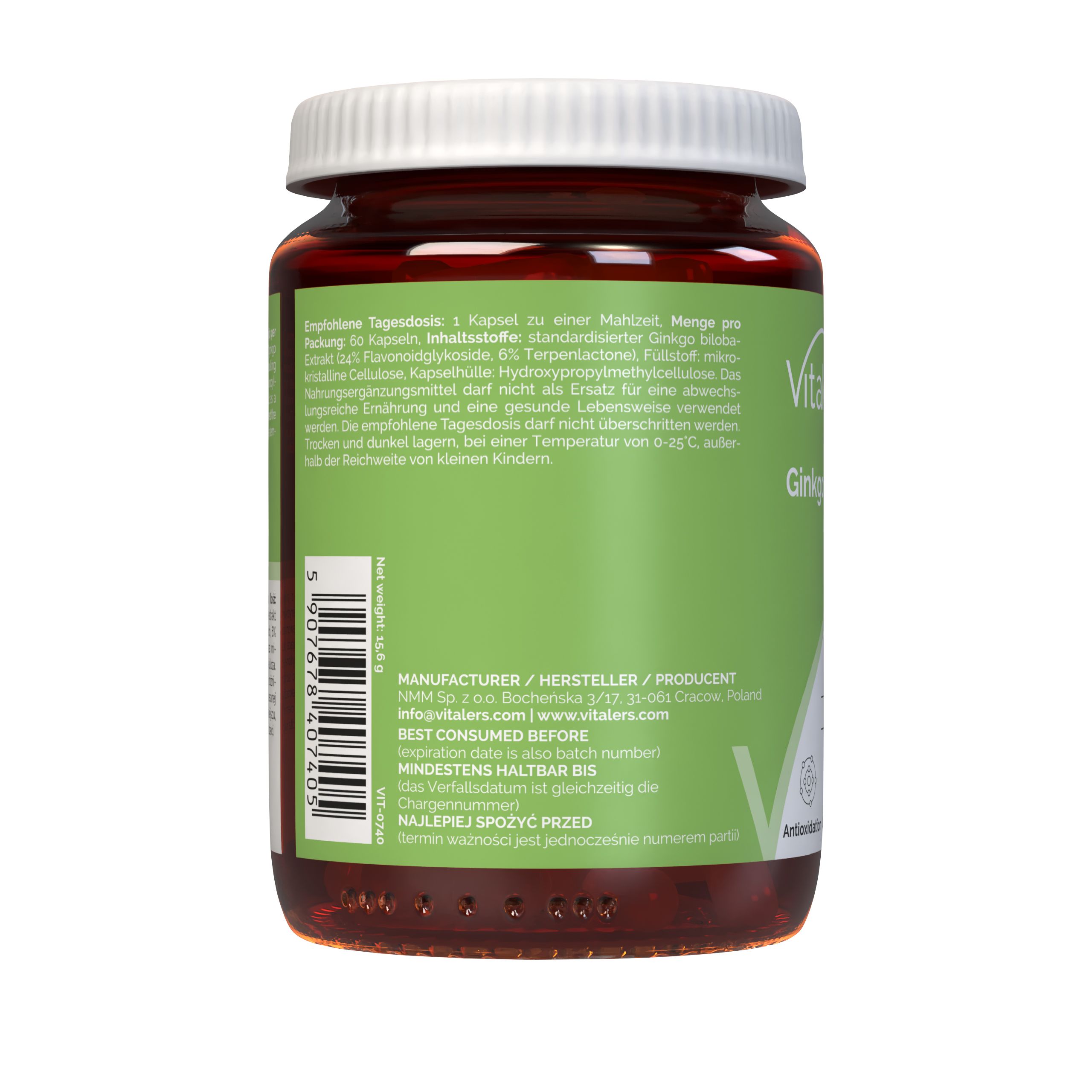 Rückseite des Vitaler's Ginkgo Biloba 120 mg Kapselbehälters mit Barcode und Informationen.