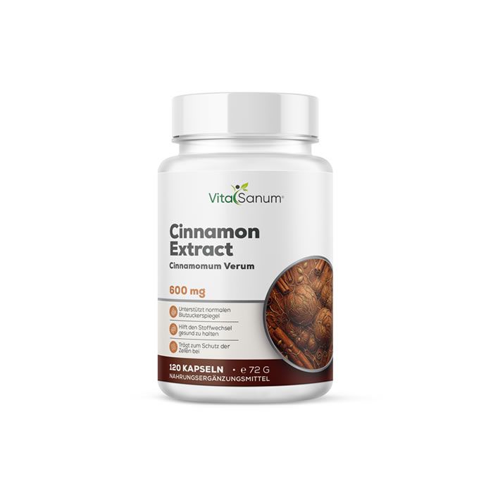 VitaSanum® Echter Zimt Kapseln, 600 mg. Weißer Behälter mit Etikett, das Zimtstangen und Zimtextrakt zeigt.