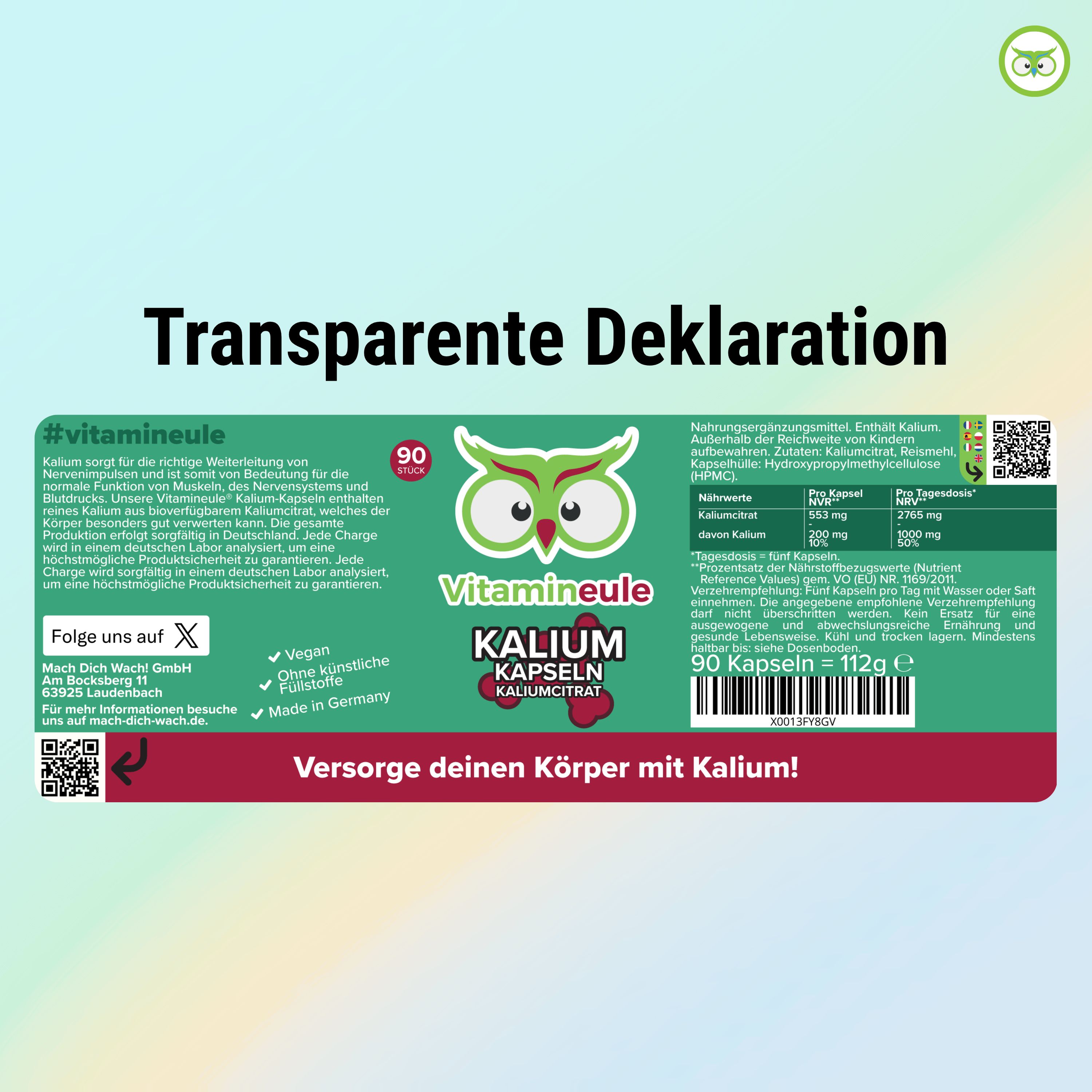 Etikett mit "Vitamineule", "Kalium Kapseln", 90 Kapseln. Inhaltsstoffe, Nährwerte, QR-Code. Text: "Versorge deinen Körper mit Kalium!"