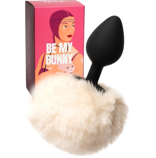 Schwarzer Butt Plug mit weißem Kunstfell-Schwanz und Verpackung.