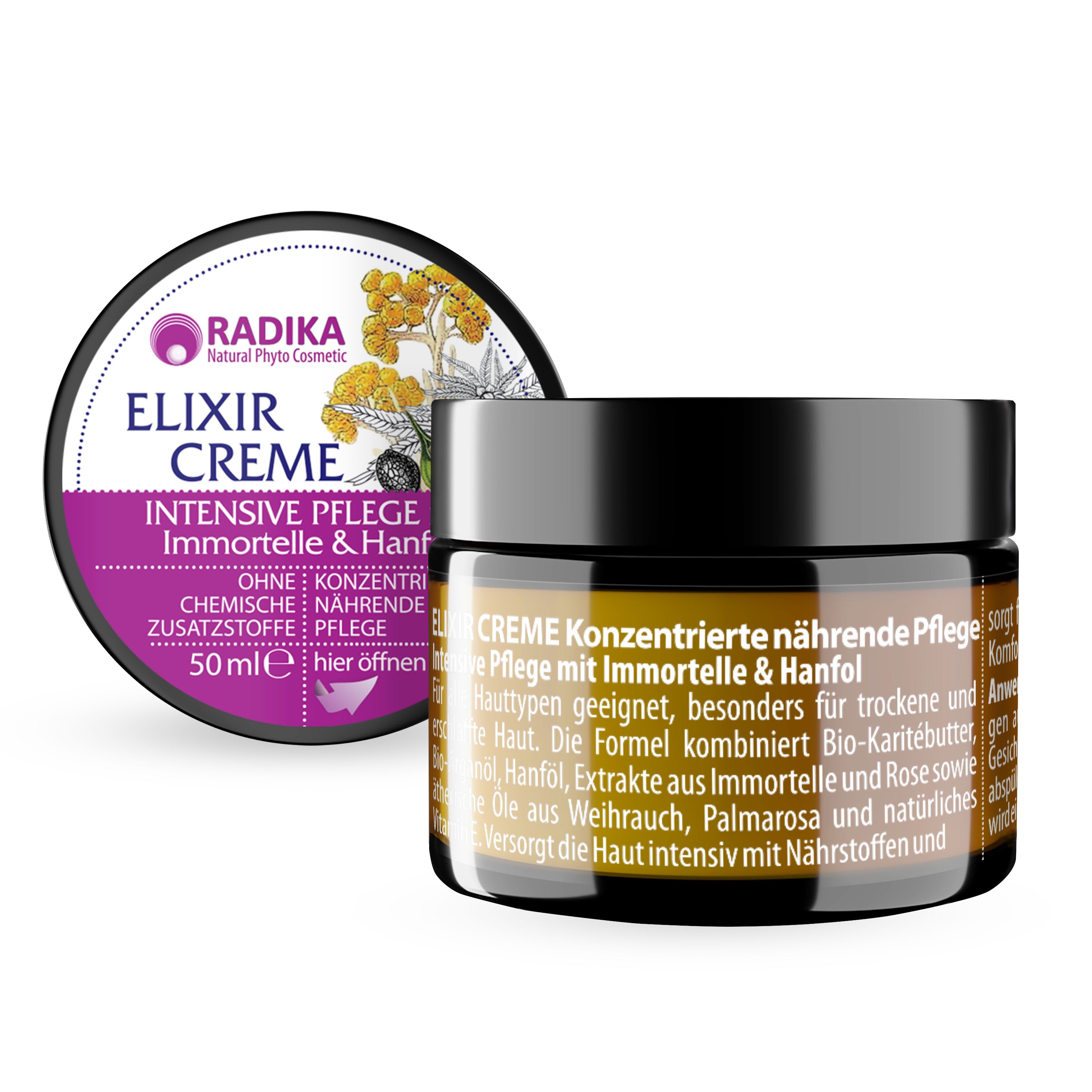 Glas mit schwarzem Deckel, Text: Elixir Creme, Intensive Pflege mit Immortelle & Hanföl, 50ml. Aufschrift: Radika Natural Phyto Cosmetic. Dose daneben.