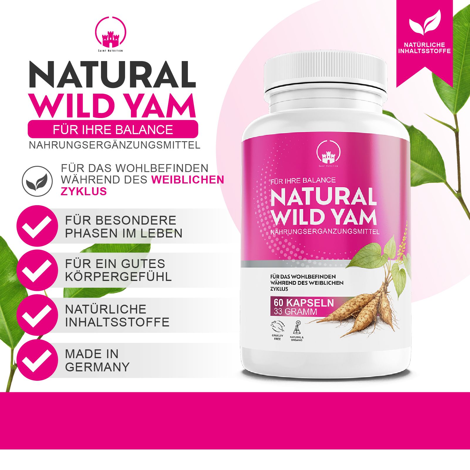 Produktpräsentation mit weißer Flasche und rosa Etikett. Aufschrift: Natural Wild Yam. 60 Kapseln, 33 Gramm. Mit Yamswurzel-Illustration.