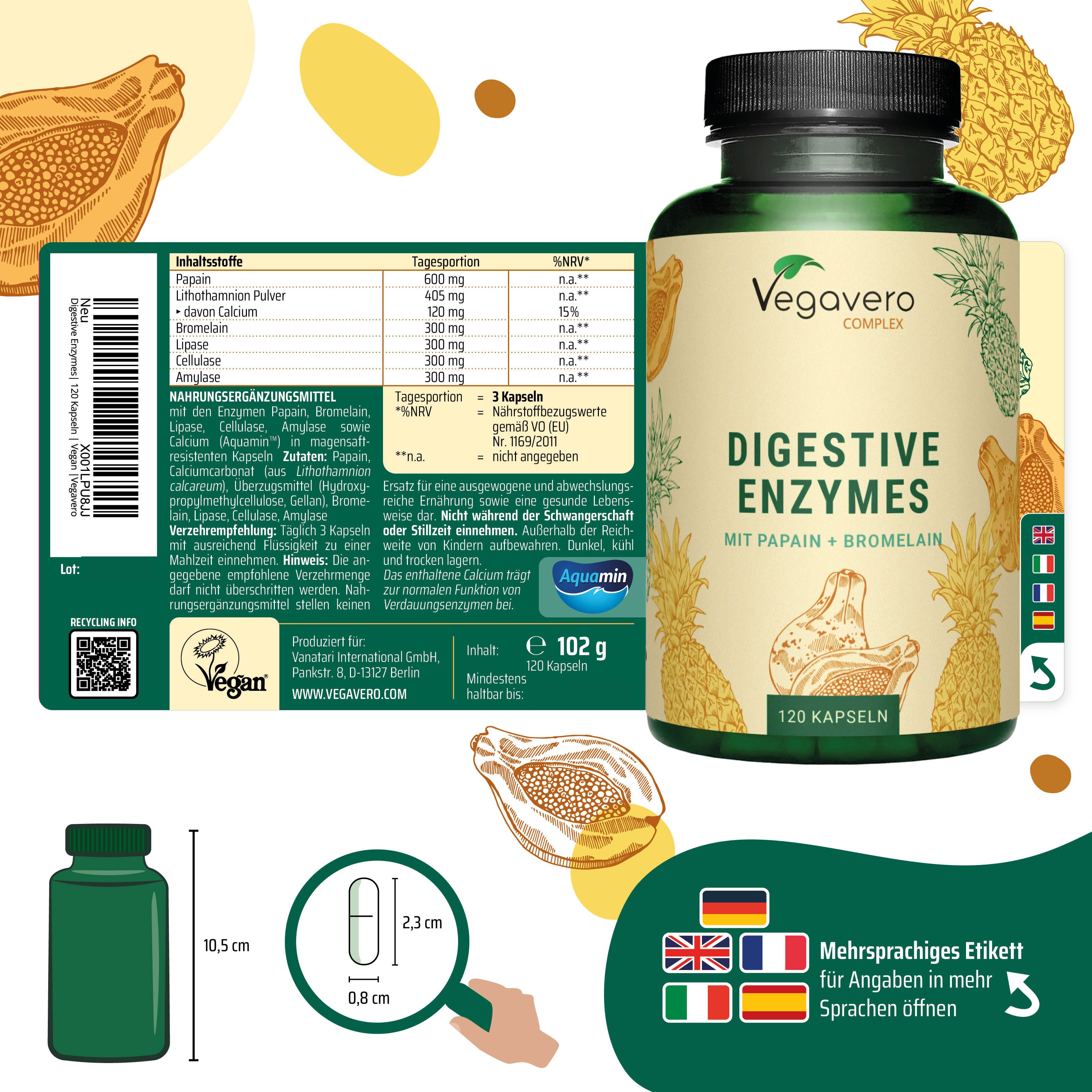 Grüne Flasche mit Etikett und Papaya- und Ananas-Illustrationen. Rückseite mit Inhaltsstoffen. Kapsel-Größenvergleich.