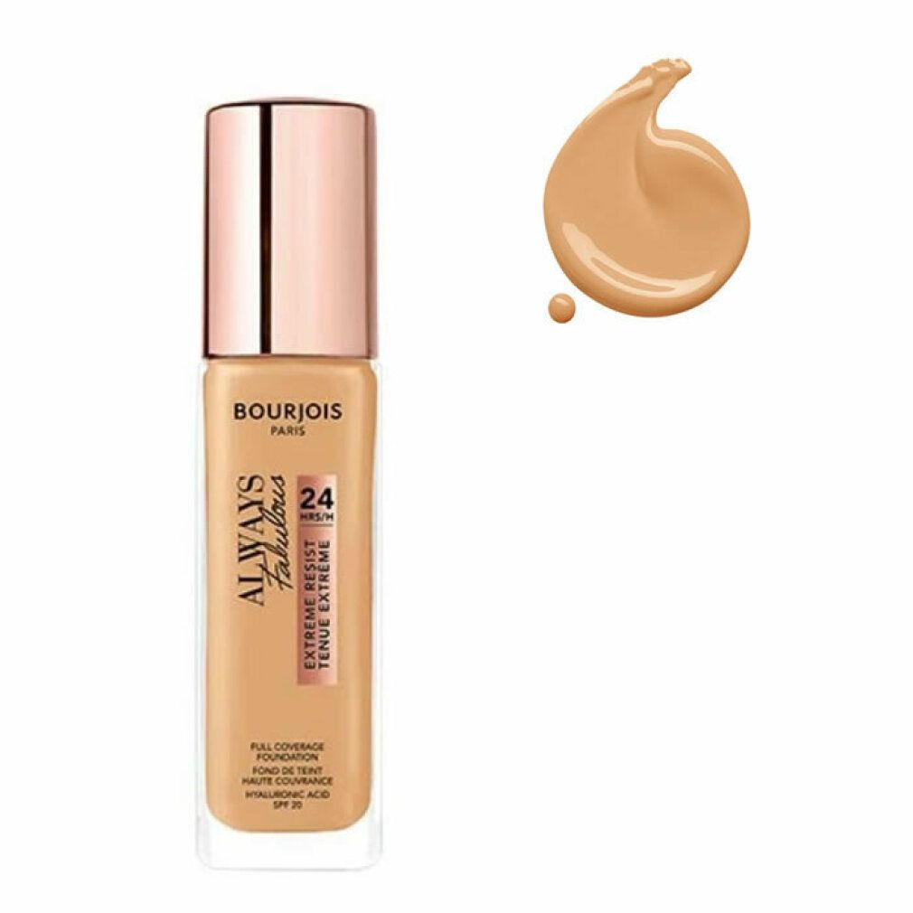 Bourjois Always Fabulous Foundation. Beige Farbton. Flasche mit rosafarbenem Deckel. Text: Always Fabulous, 24H, Extreme Resist, SPF 20. Farbklecks.