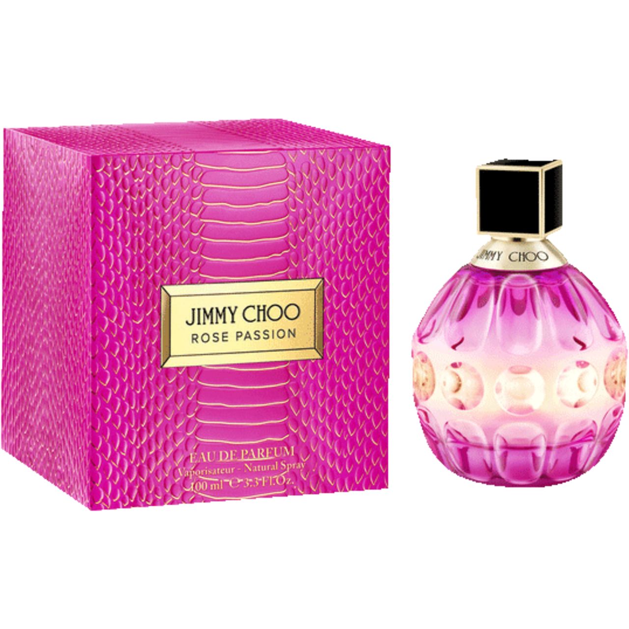 Pinkfarbene Schachtel und Flakon. Aufschrift: Jimmy Choo Rose Passion. Flakon rund, pinkfarben mit schwarzem Deckel.