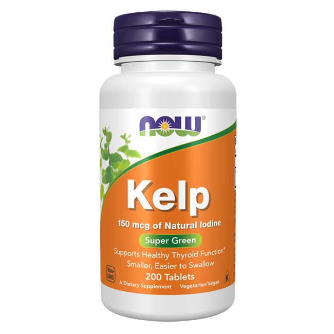 Weiße Flasche mit blauem Deckel. Orangefarbenes Etikett mit Text: NOW, Kelp, 150 mcg Jod, 200 Tabletten. Vegetarisch/Vegan.