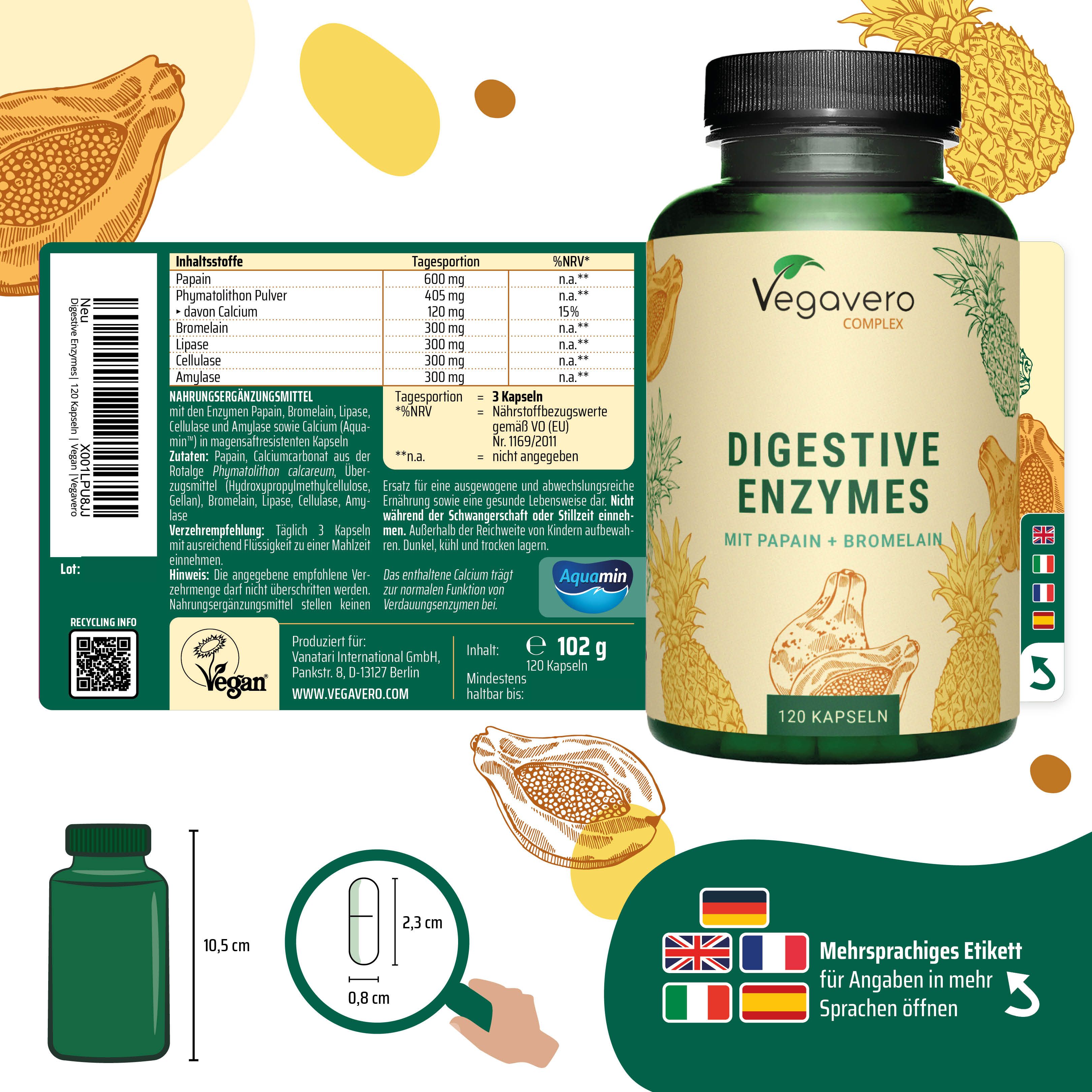 Produktflasche, Etikett mit Inhaltsstoffen, Papaya- und Ananas-Illustrationen. Mehrsprachiges Etikett.