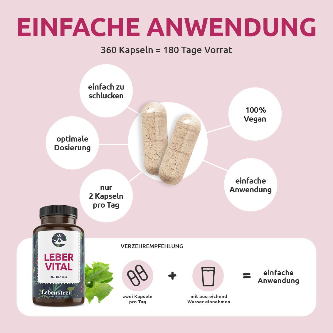 Braune Flasche mit Kapseln. Aufschrift: LEBER VITAL, 360 Kapseln. Zwei Kapseln neben Flasche. Text: 2 Kapseln pro Tag. 100% vegan.
