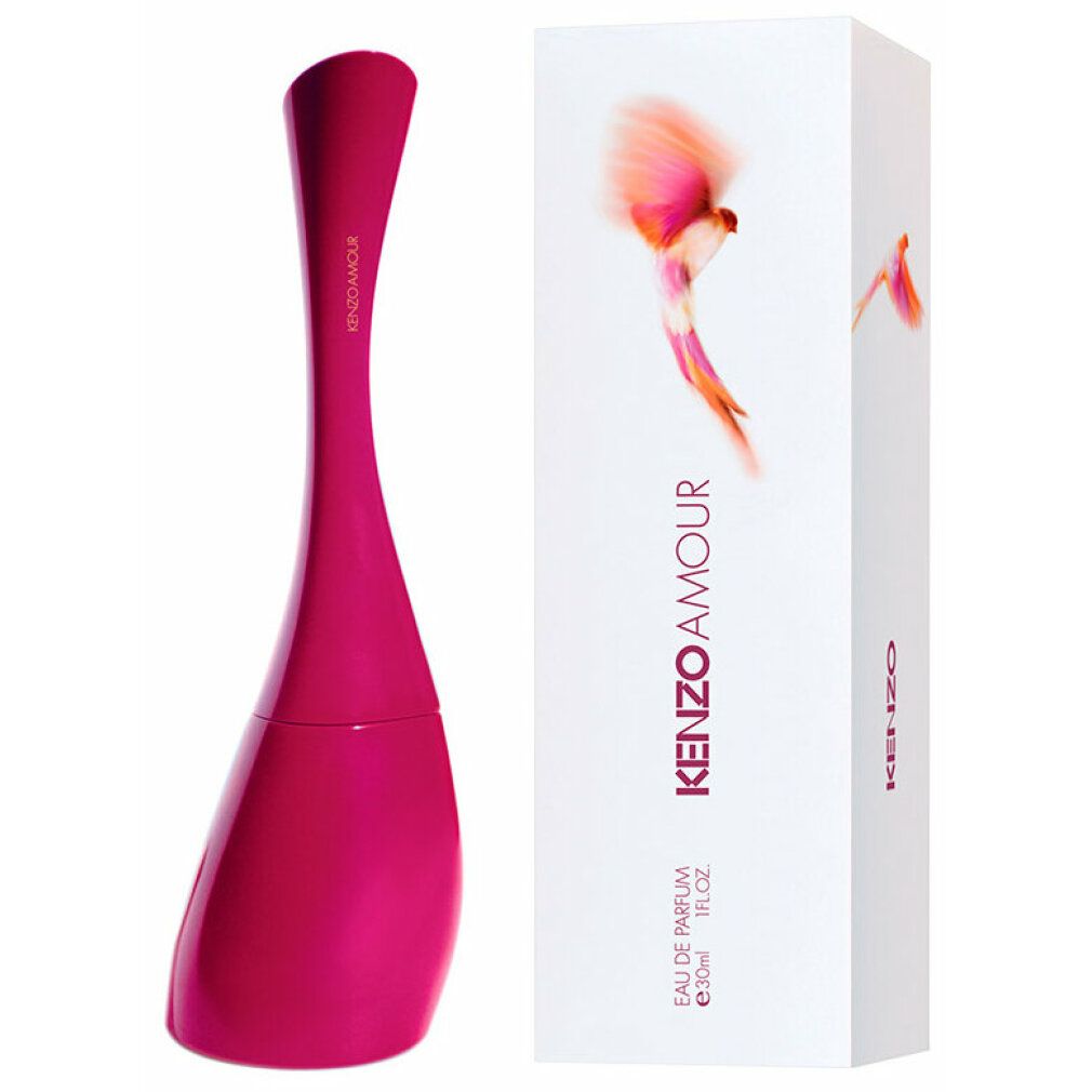 Flasche und Verpackung von Kenzo Amour Eau de Parfum. Flasche pink, geschwungene Form. Verpackung weiß mit Logo und Vogelmotiv.