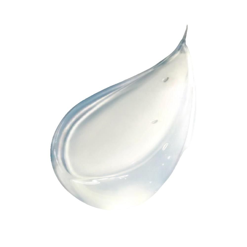 Durchsichtiger Gel-Tropfen auf weißem Hintergrund. Form: Tropfenförmig, leicht transparent.