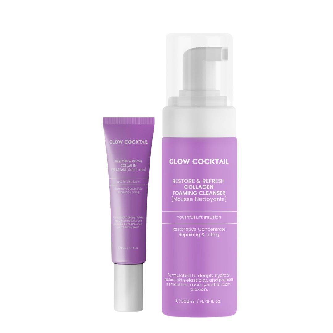 Zwei Produkte. Reinigungsgel und Augencreme. Lila Flaschen mit Text: Glow Cocktail, Restore & Refresh Collagen.