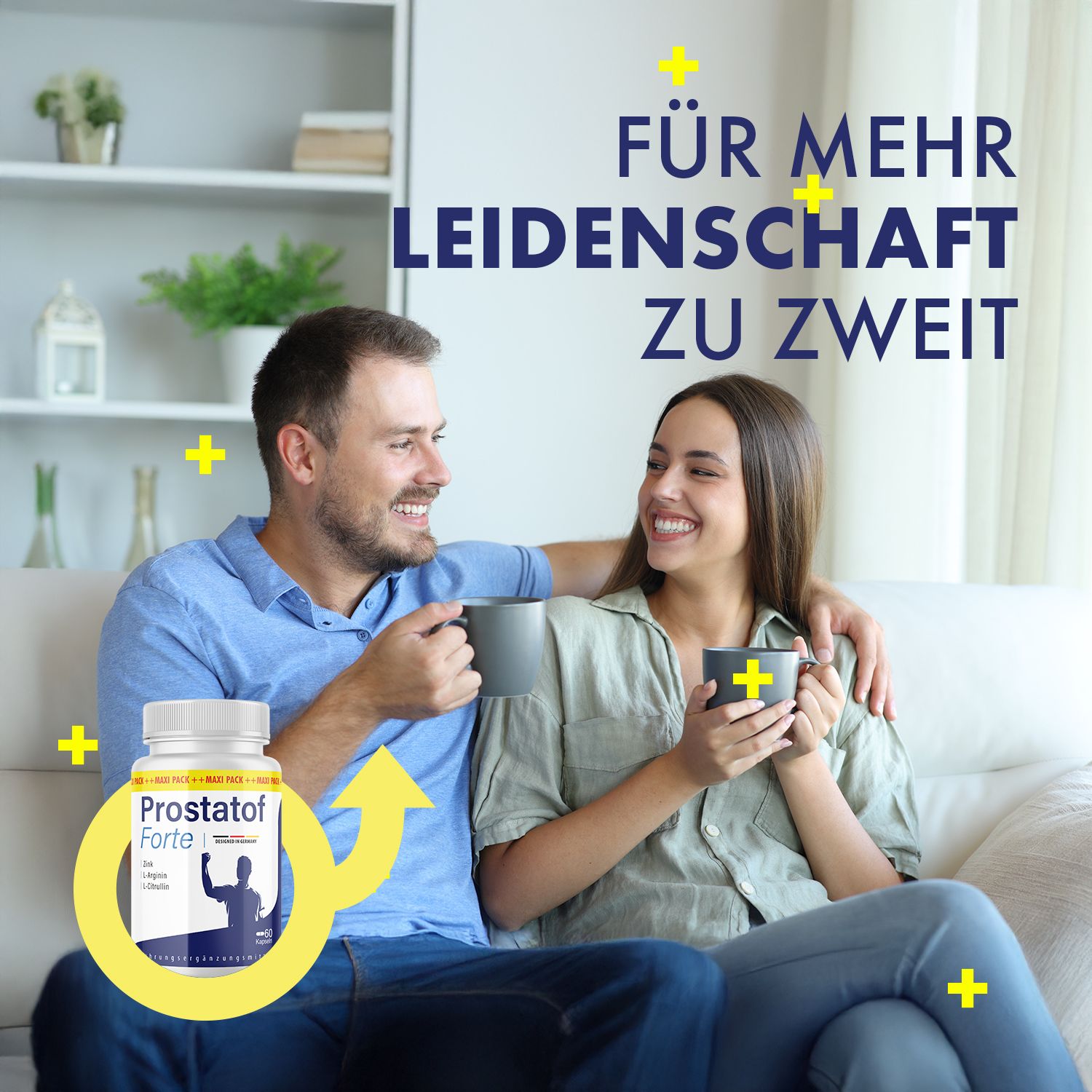 Paar sitzt auf Sofa, lächelt. Dose Prostatof Forte, gelbes Männlichkeits-Symbol mit Pfeil. Text: Für mehr Leidenschaft zu zweit.