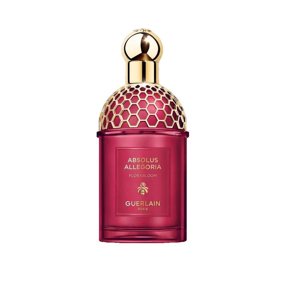 Parfümflakon mit goldfarbenem Deckel und rotem Glas. Aufschrift: Absolus Allegoria Florabloom, Guerlain Paris.