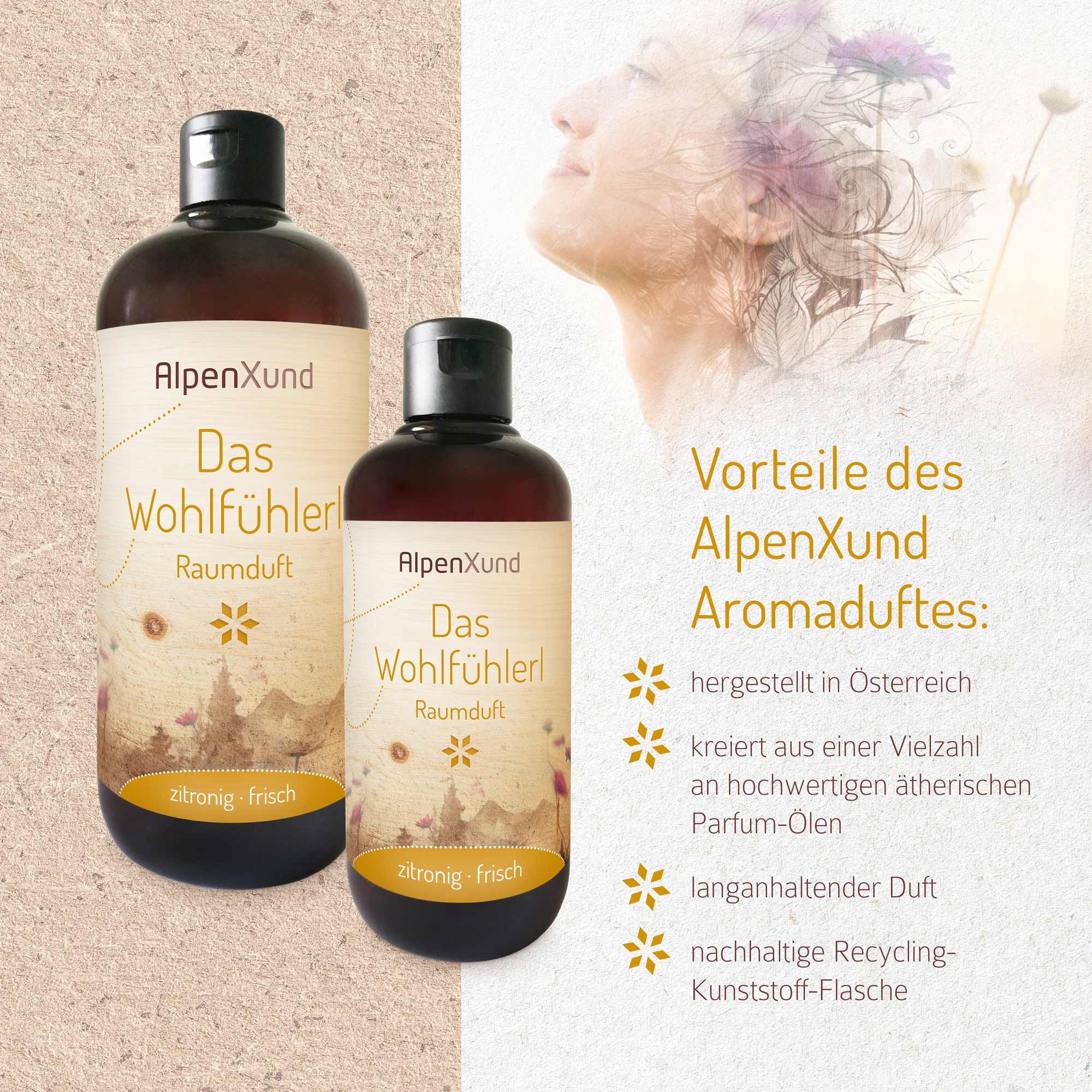 Zwei braune Flaschen mit schwarzem Deckel. Text: AlpenXund, Das Wohlfühlerl, zitronig frisch. Vorteile des AlpenXund Aromaduftes.