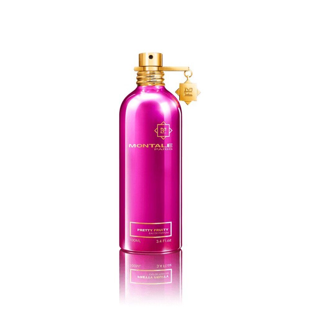 Rosa Flakon mit goldenem Verschluss. Aufschrift: MONTALE PARIS, PRETTY FRUITY. Anhänger mit Logo.
