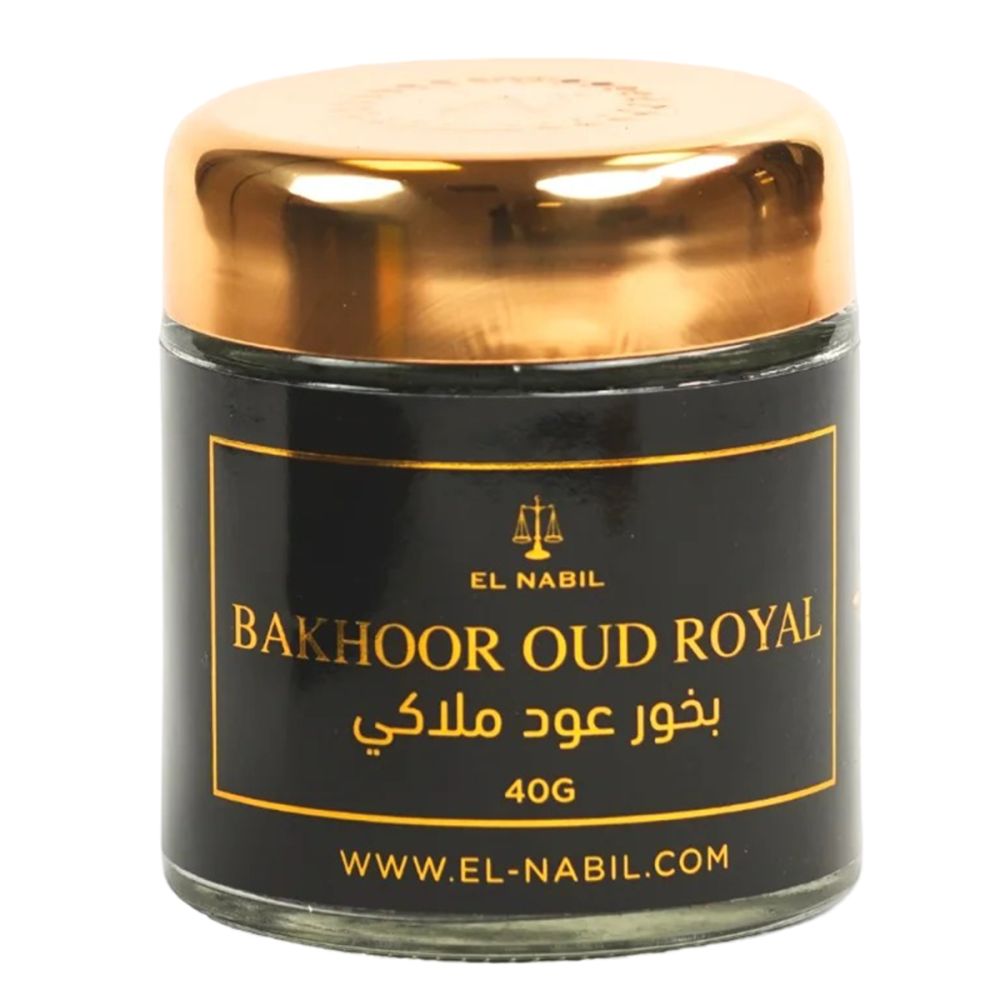 Glasbehälter mit goldfarbenem Deckel. Schwarzes Etikett mit goldfarbener Schrift: BAKHOOR OUD ROYAL, arabische Schrift, 40G, www.el-nabil.com.