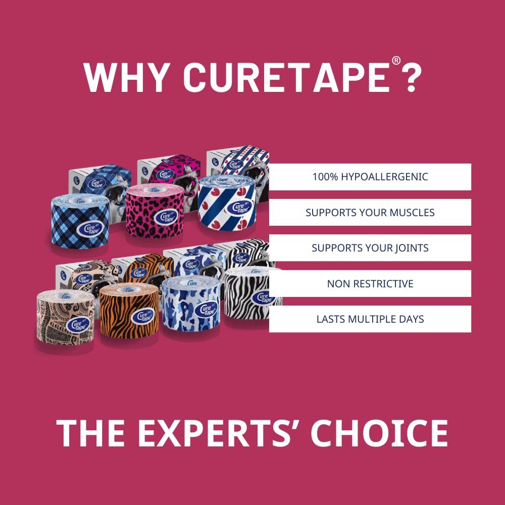 Verschiedene CureTape Kinesiologie Tapes mit Mustern. Eigenschaften: 100% hypoallergen, unterstützt Muskeln und Gelenke.