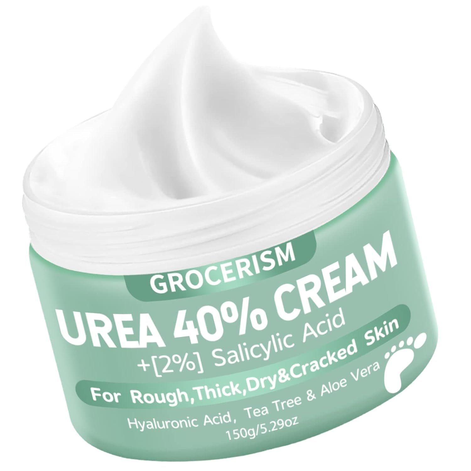 Grüne Dose mit weißer Creme. Aufschrift: UREA 40% CREAM + [2%] Salicylsäure. Für raue, dicke, trockene und rissige Haut.