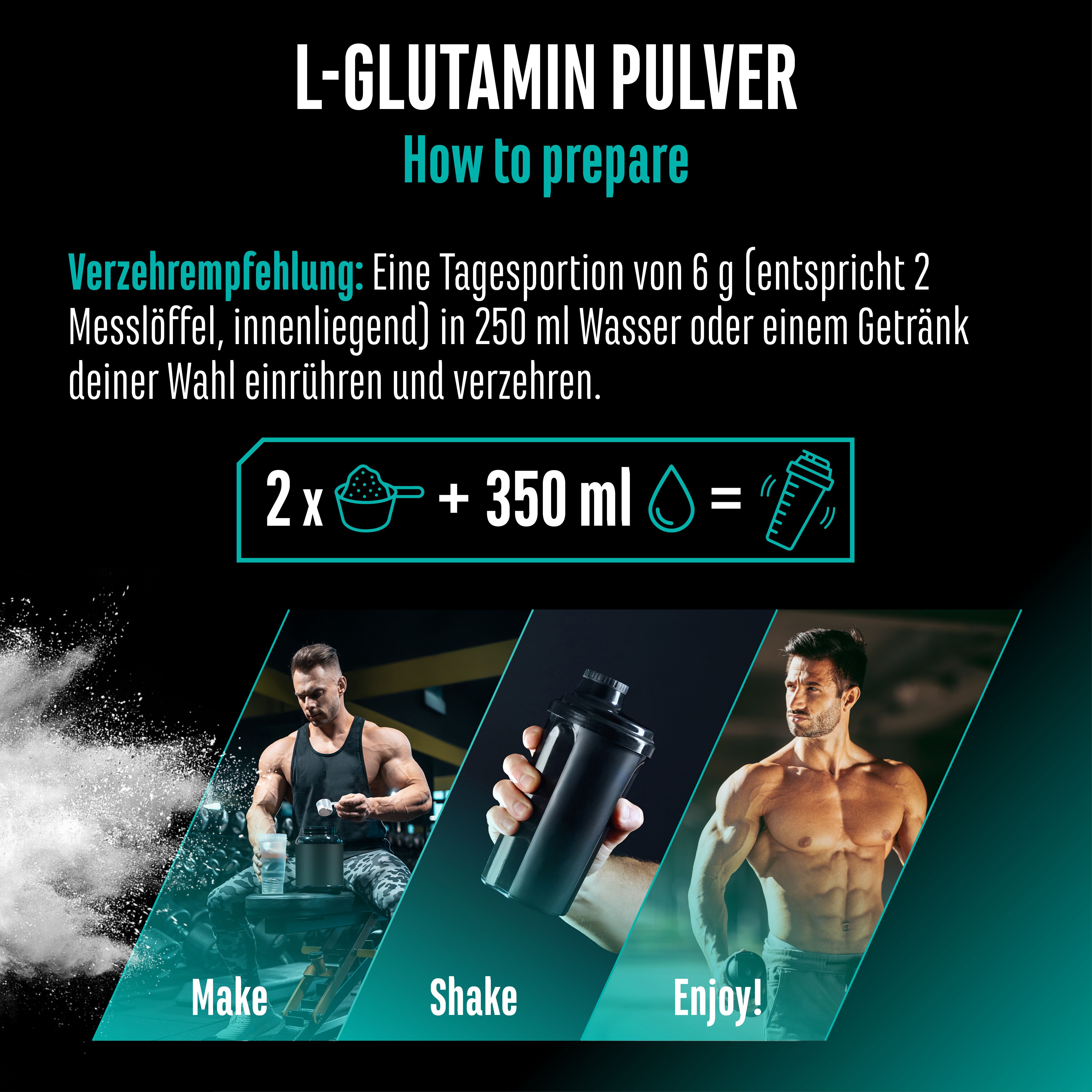 Zubereitung: 6 g (2 Messlöffel) in 250 ml Wasser oder Getränk einrühren. Bilder zeigen: Make, Shake, Enjoy!