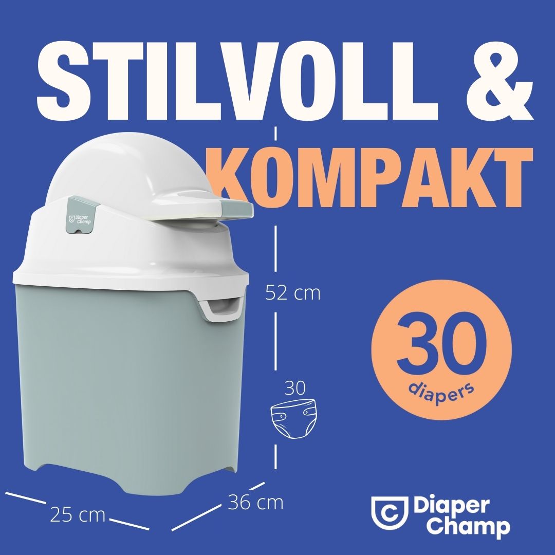 Windeleimer Diaper Champ One, grau-weiß. Text: "STILVOLL & KOMPAKT". Maße: 25x36x52 cm. Kapazität: 30 Windeln. Logo und Text: "Diaper Champ".