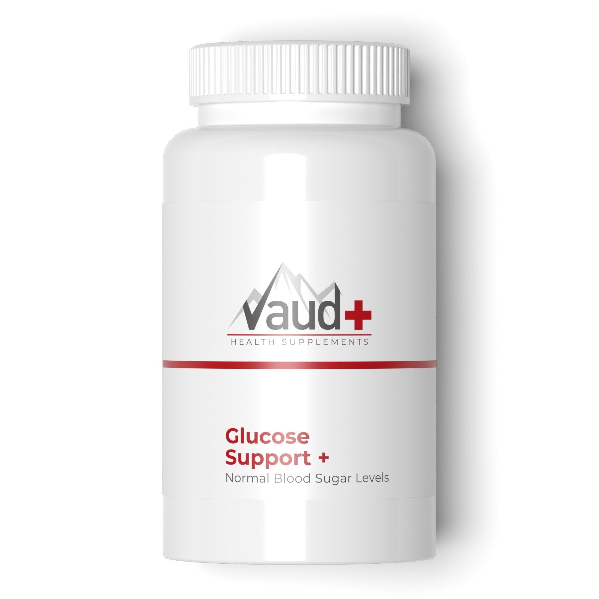 Weiße Flasche mit roter und weißer Beschriftung. Aufschrift: Vaud+ Health Supplements, Glucose Support + Normal Blood Sugar Levels.