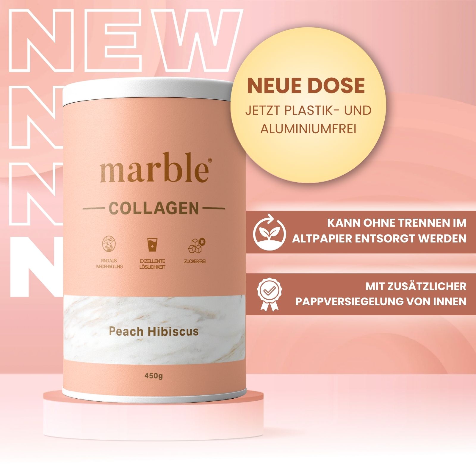 Rosa Dose marble® Collagen Pulver Peach Hibiscus. Neue Dose, plastik- und aluminiumfrei. Kann im Altpapier entsorgt werden.