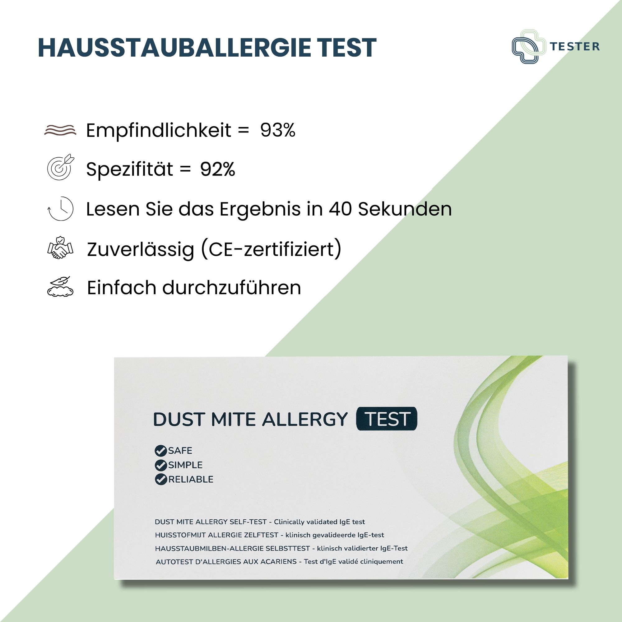 Grafik mit Text: HAUSSTAUBALLERGIE TEST. Empfindlichkeit 93%, Spezifität 92%. Ergebnis in 40 Sekunden. CE-zertifiziert. Produktverpackung unten.